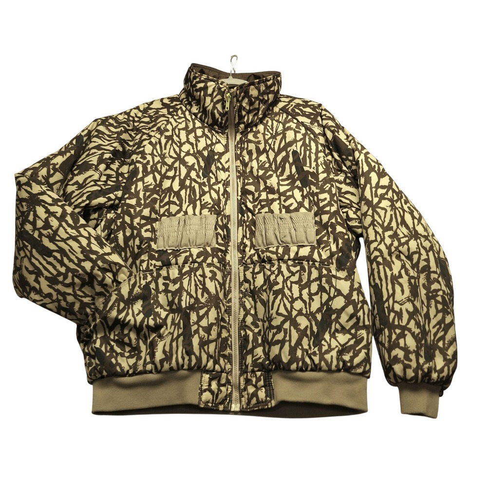 Vintage 1980s Columbia Men Large Camo Hunting Bomber Jacket Tan Brown Gorp Cabin
